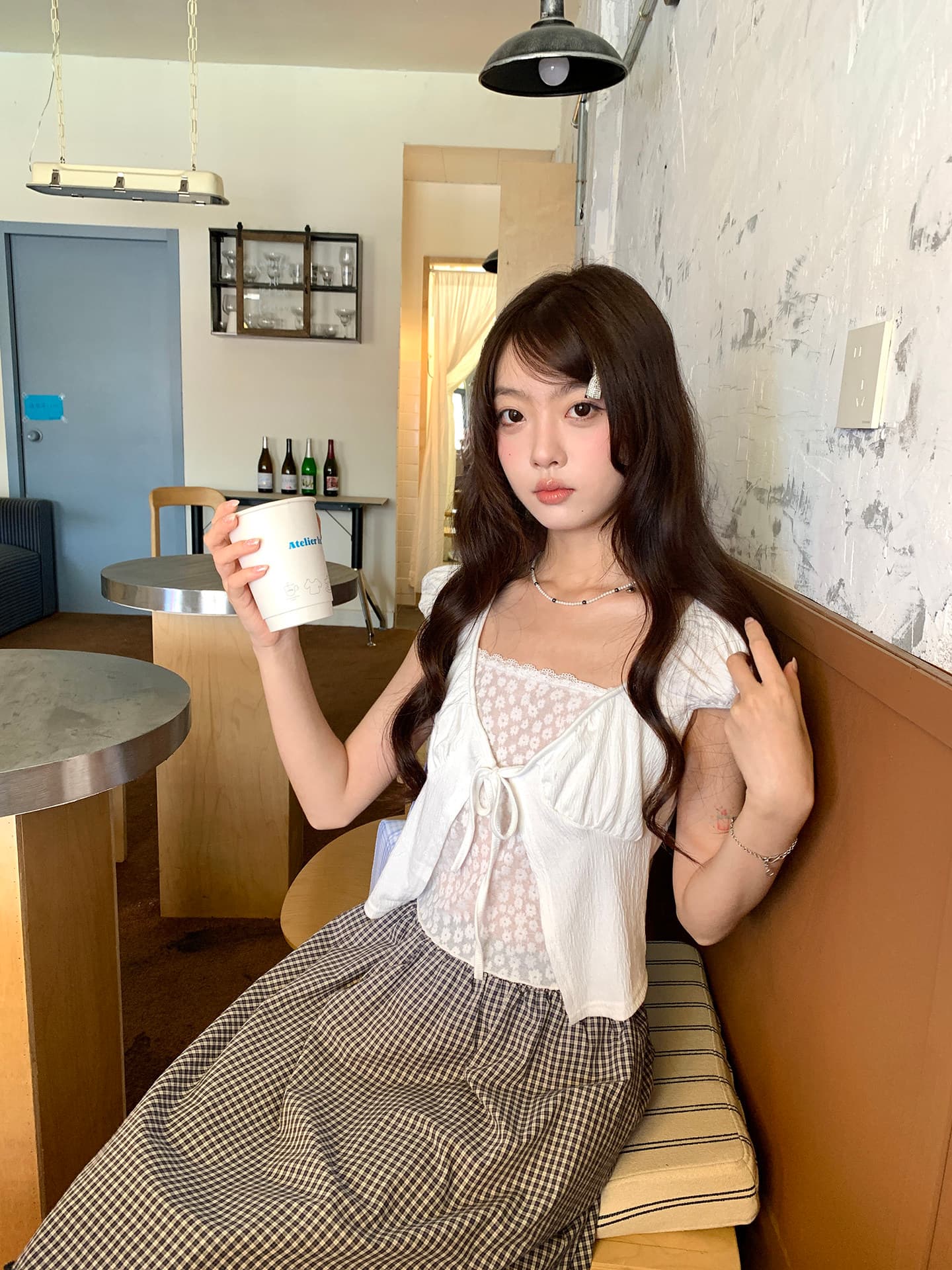 hollyii 한 부서 레이스 조각 광장 칼라 레이스업 거품 소매 페이크 레이어드 반팔 맨위 2026 여름 새로운 상세 이미지 11
