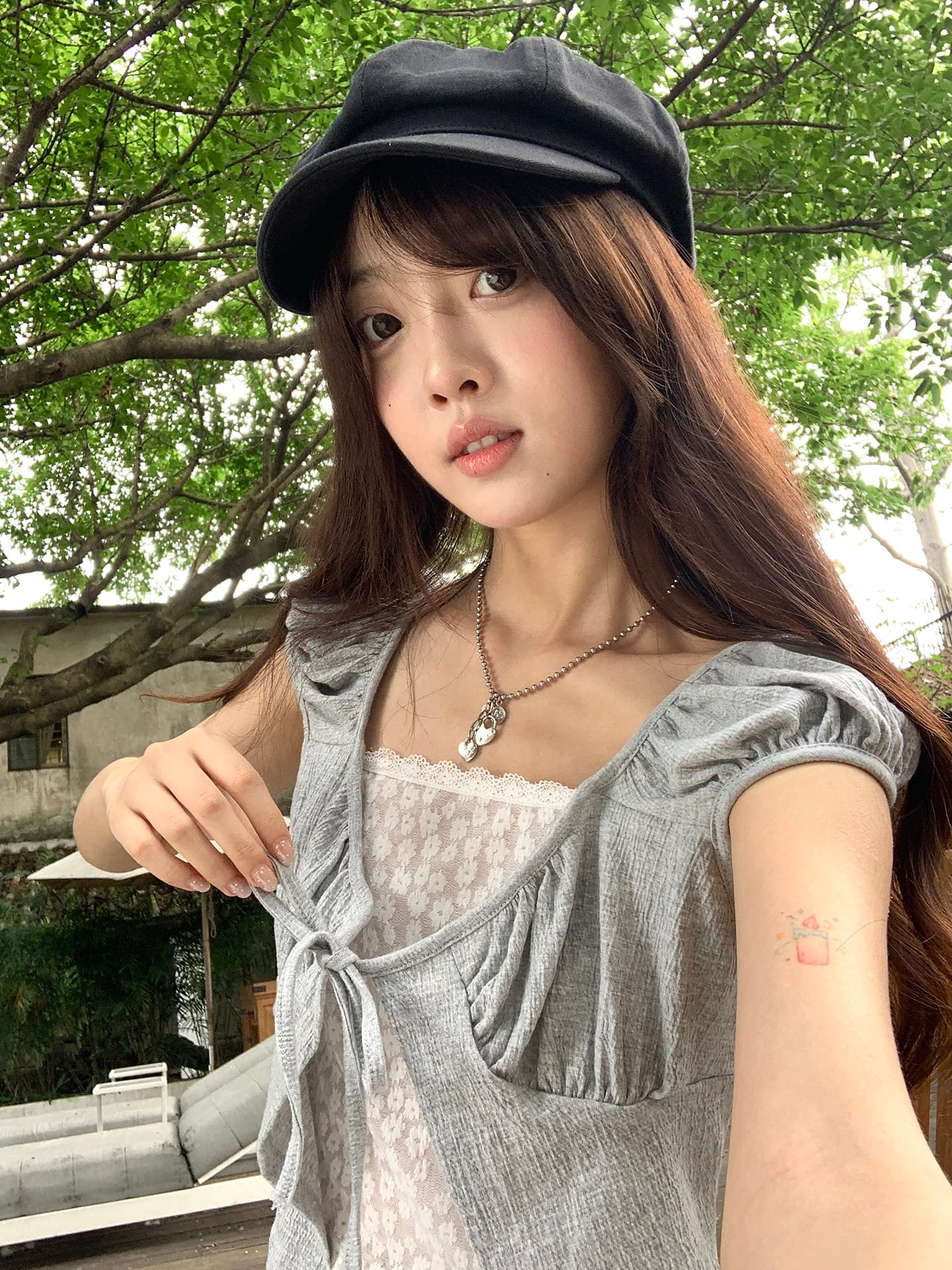 hollyii 한 부서 레이스 조각 광장 칼라 레이스업 거품 소매 페이크 레이어드 반팔 맨위 2026 여름 새로운 상세 이미지 29