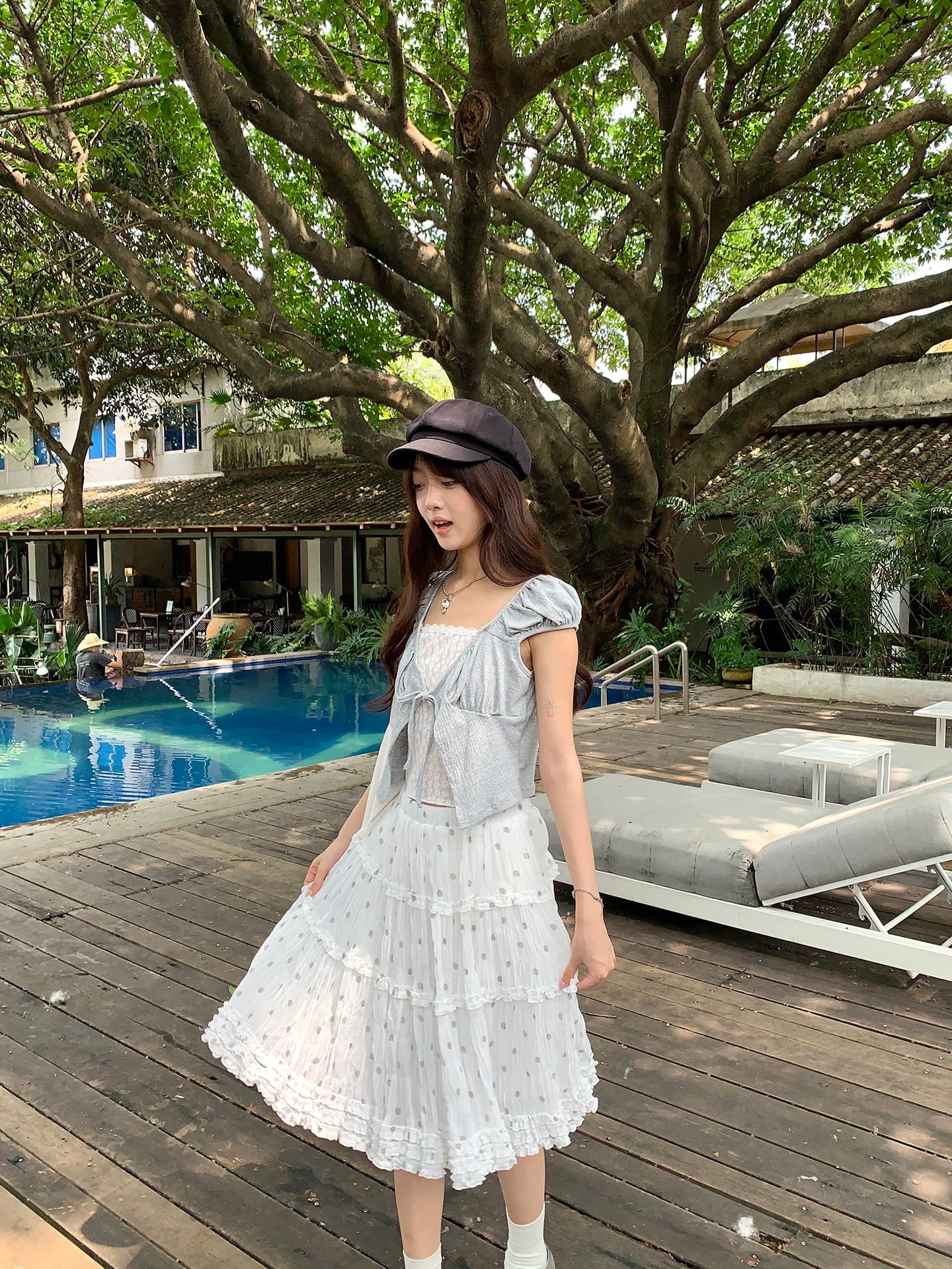 hollyii 한 부서 레이스 조각 광장 칼라 레이스업 거품 소매 페이크 레이어드 반팔 맨위 2026 여름 새로운 상세 이미지 38