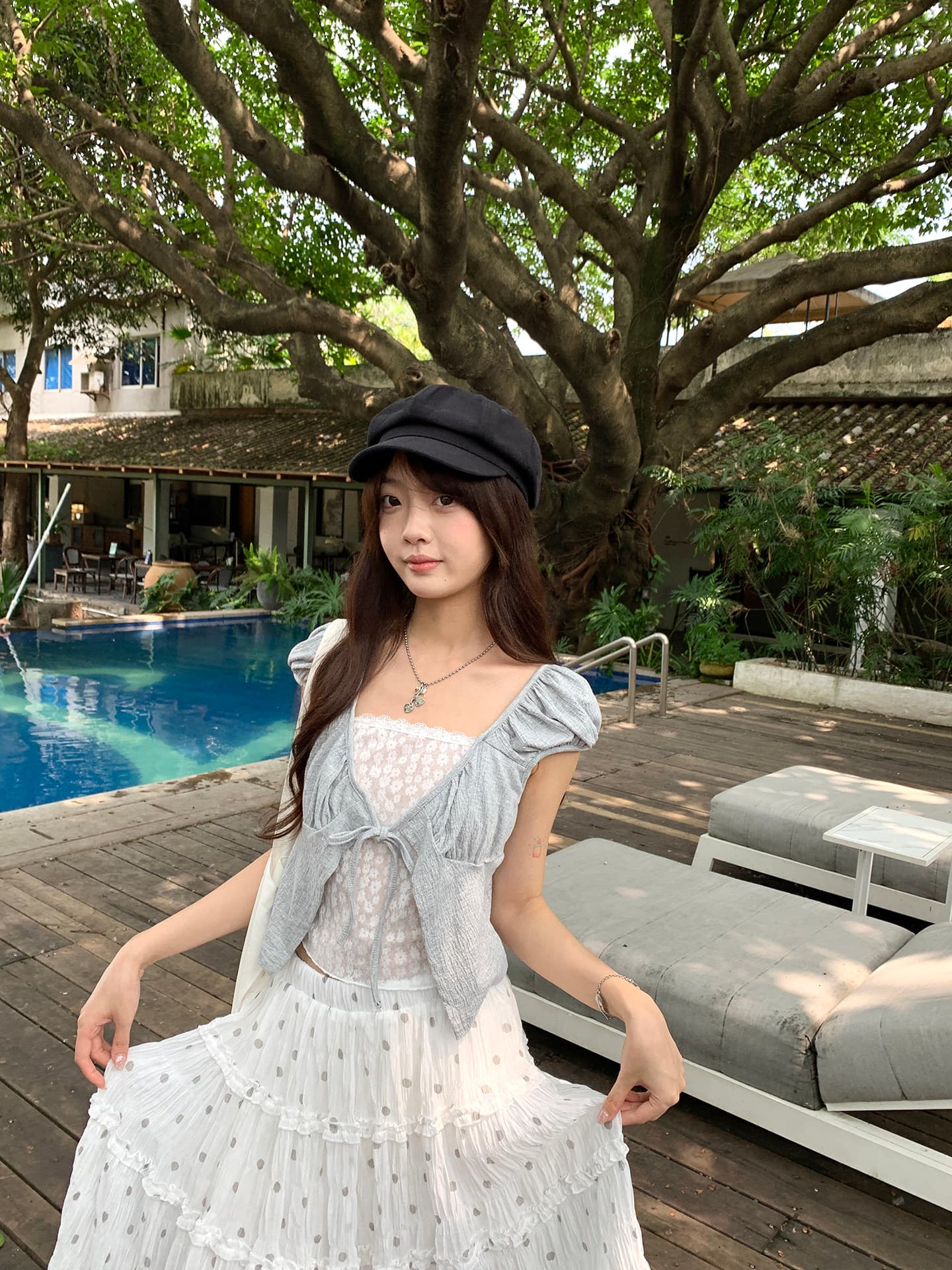 hollyii 한 부서 레이스 조각 광장 칼라 레이스업 거품 소매 페이크 레이어드 반팔 맨위 2026 여름 새로운 상세 이미지 40