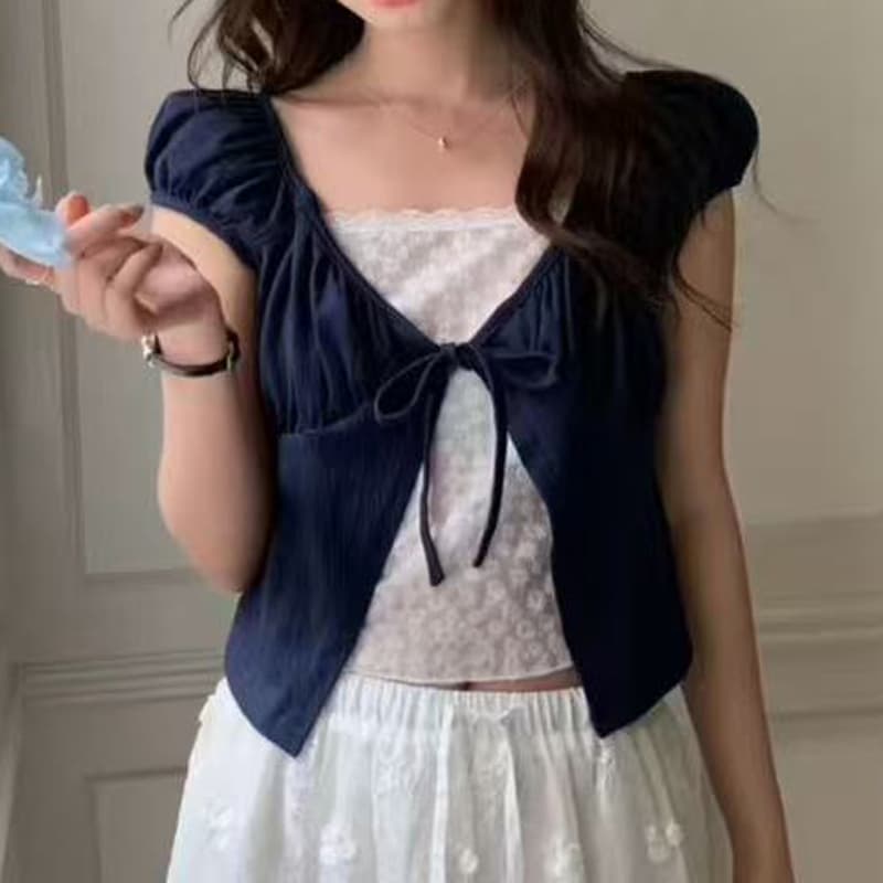 hollyii 한 부서 레이스 조각 광장 칼라 레이스업 거품 소매 페이크 레이어드 반팔 맨위 2026 여름 새로운 상세 이미지 43