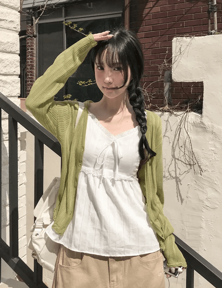 한국 chic 여름 순수한 욕망 바람 레이스업 V넥 캐미솔 레이스 레이스 허리 수축 슬림해 보이는 외출용 맨위 상세 이미지 5