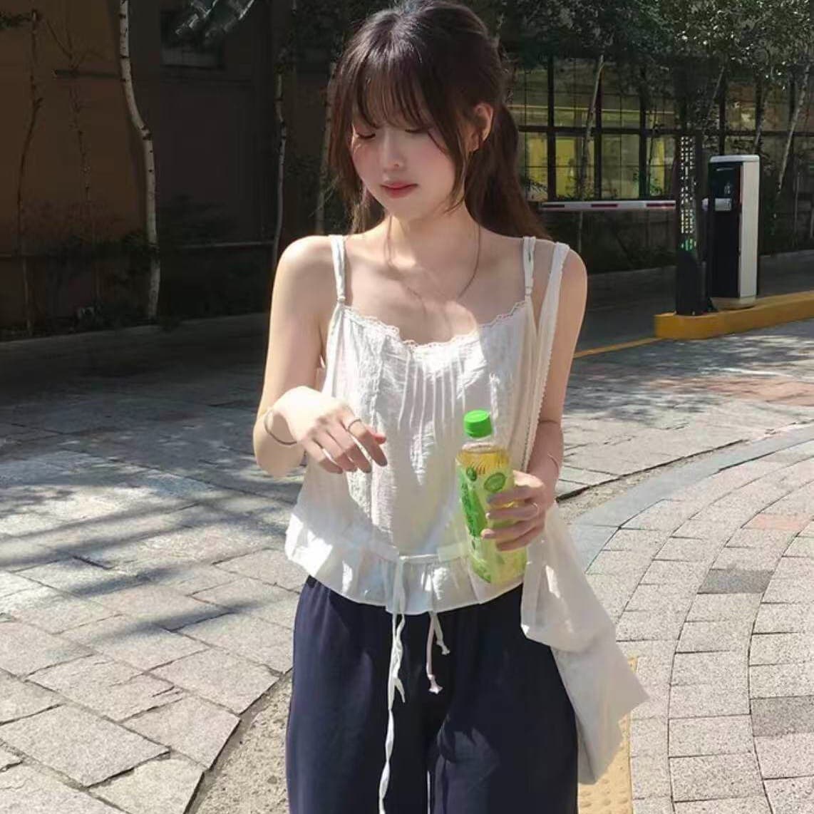 한국 chic 여름 달콤함 연령 감소 단색 레이스 측면 패치워크 광장 칼라 펌프 로프 허리 수축 캐미솔 외출용 이미지 2