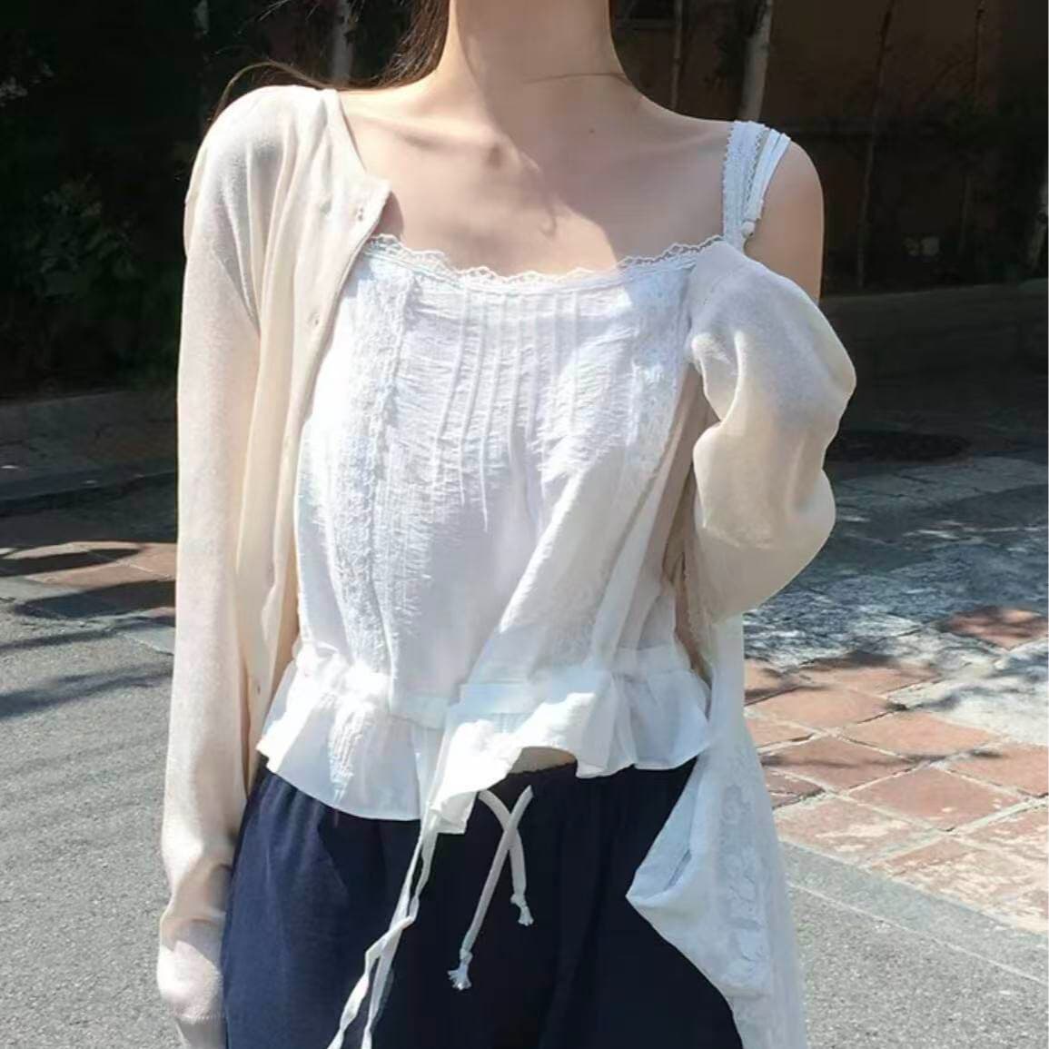 한국 chic 여름 달콤함 연령 감소 단색 레이스 측면 패치워크 광장 칼라 펌프 로프 허리 수축 캐미솔 외출용 이미지 5
