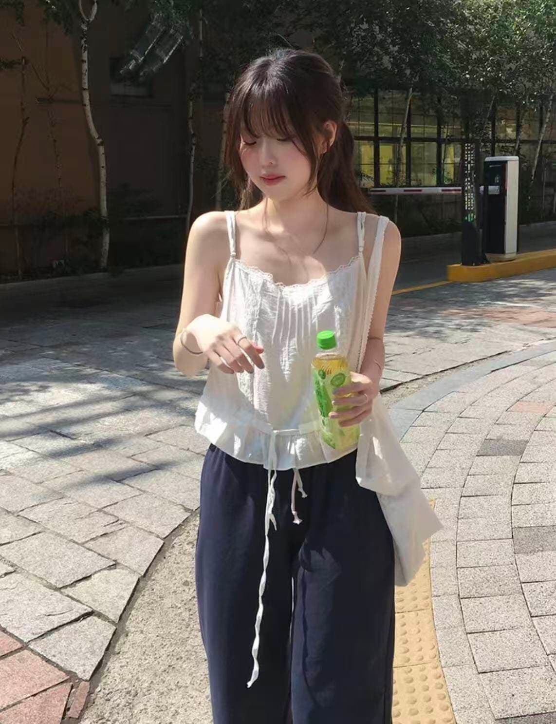 한국 chic 여름 달콤함 연령 감소 단색 레이스 측면 패치워크 광장 칼라 펌프 로프 허리 수축 캐미솔 외출용 상세 이미지 2