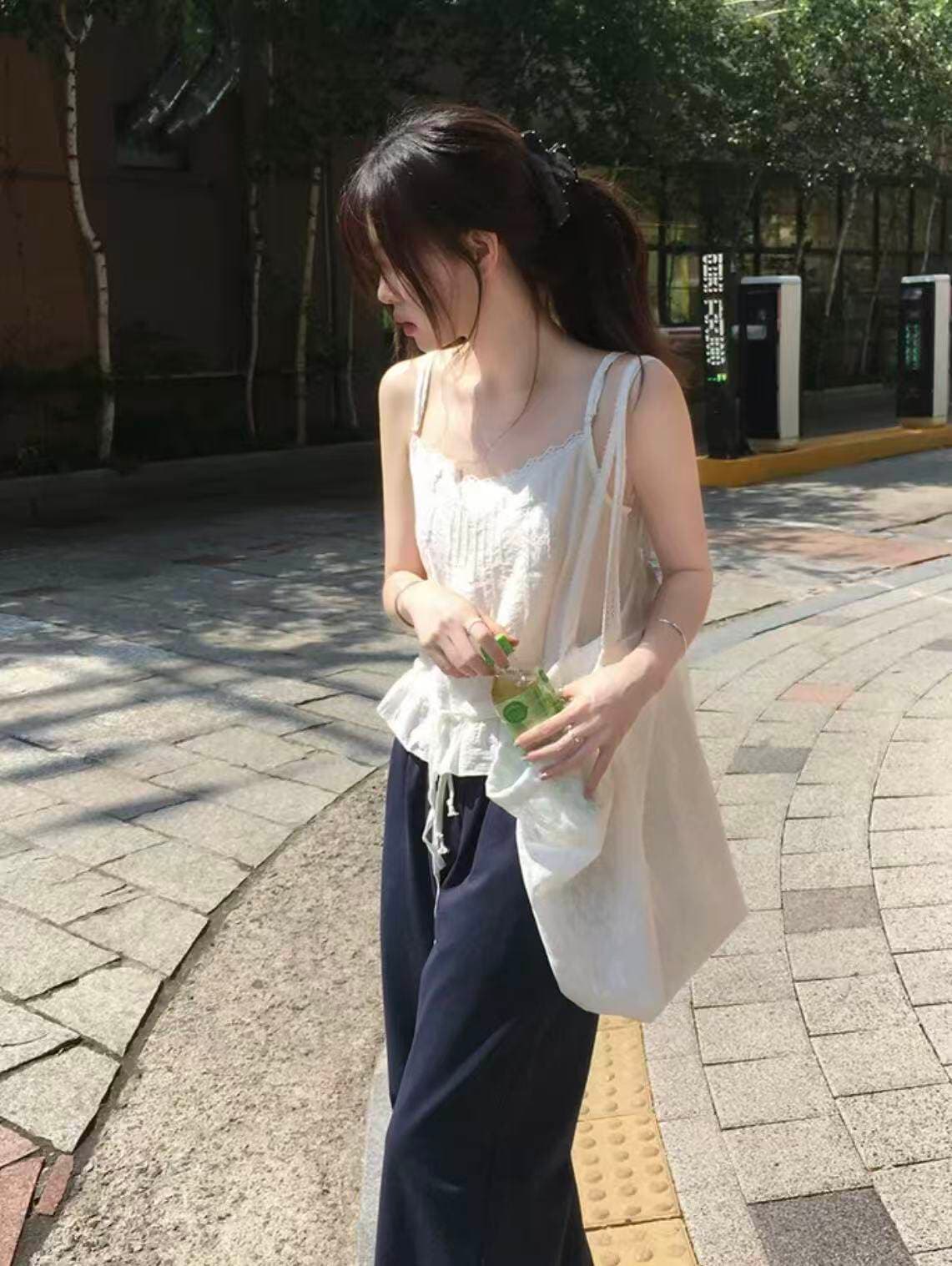 한국 chic 여름 달콤함 연령 감소 단색 레이스 측면 패치워크 광장 칼라 펌프 로프 허리 수축 캐미솔 외출용 상세 이미지 9