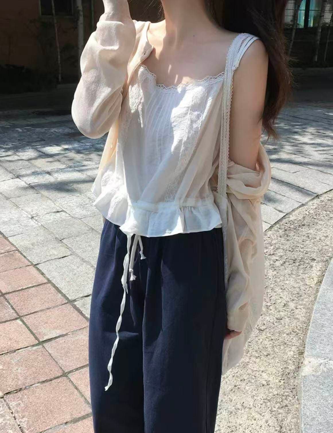 한국 chic 여름 달콤함 연령 감소 단색 레이스 측면 패치워크 광장 칼라 펌프 로프 허리 수축 캐미솔 외출용 상세 이미지 12