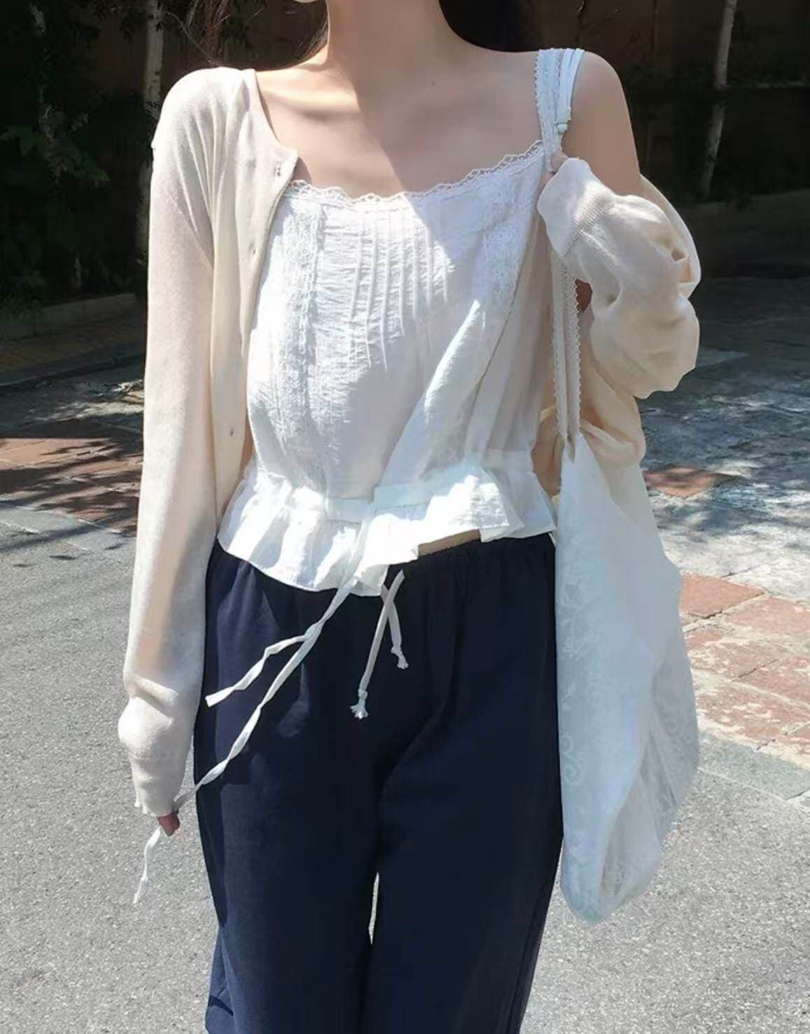 한국 chic 여름 달콤함 연령 감소 단색 레이스 측면 패치워크 광장 칼라 펌프 로프 허리 수축 캐미솔 외출용 상세 이미지 13