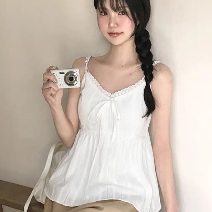 한국 chic 여름 순수한 욕망 바람 레이스업 V넥 캐미솔 레이스 레이스 허리 수축 슬림해 보이는 외출용 맨위