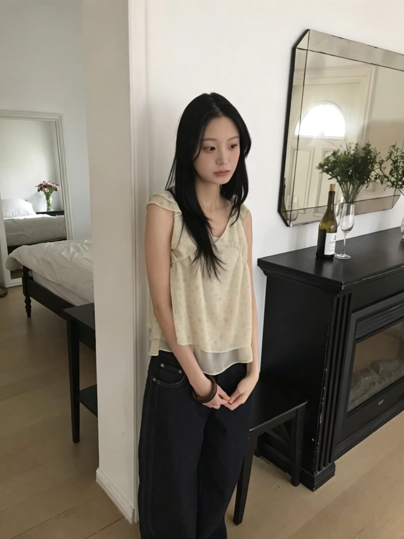 레트로 꽃무늬 한 여성 분위기 ins 보 주님 날다 소매 레이스 슬립 셔츠 상세 이미지 20