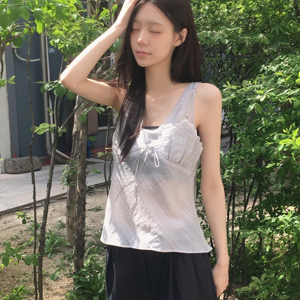 한 부서 순수한 욕망 바람 레이스 레이스 캐미솔 프랑스식 품격 작은 대중 빛 ~을 통해 레이스업 페이크 레이어드 이미지 4