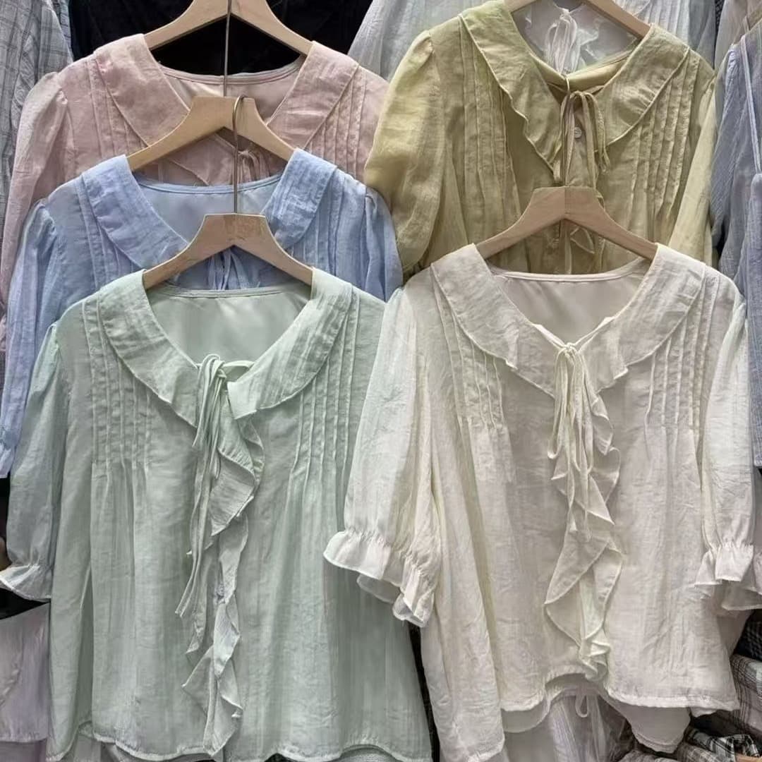 2026 년 한 부서 chic 여름 새로운 패션 V넥 빅 칼라 벌룬 소매 레이스 업 셔츠 여성 레저 맨위 상세 이미지 15