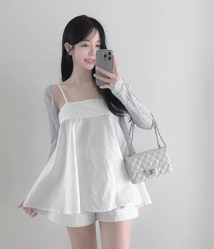 2026 년 새로운 한 부서 chic 여름 루즈핏 조끼 슬립 맨위 하이웨이스트 캐주얼 반바지 세트 여성 상세 이미지 7