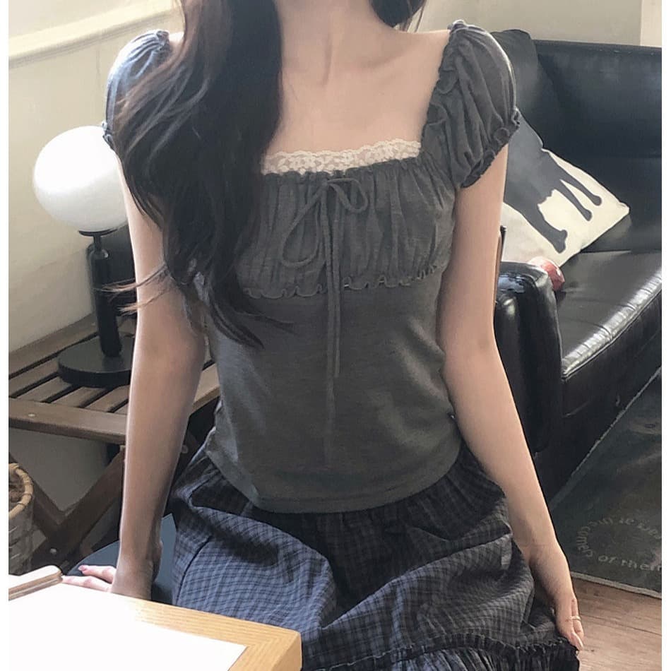 한 부서 거품 소매 레이스 레이스 반팔 티셔츠 여성 여름 몸매 가꾸기 슬림해 보이는 달콤함 품격 연령 감소 쇼트 스타일 맨위 이미지 4