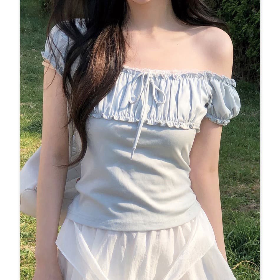 한 부서 거품 소매 레이스 레이스 반팔 티셔츠 여성 여름 몸매 가꾸기 슬림해 보이는 달콤함 품격 연령 감소 쇼트 스타일 맨위 이미지 3