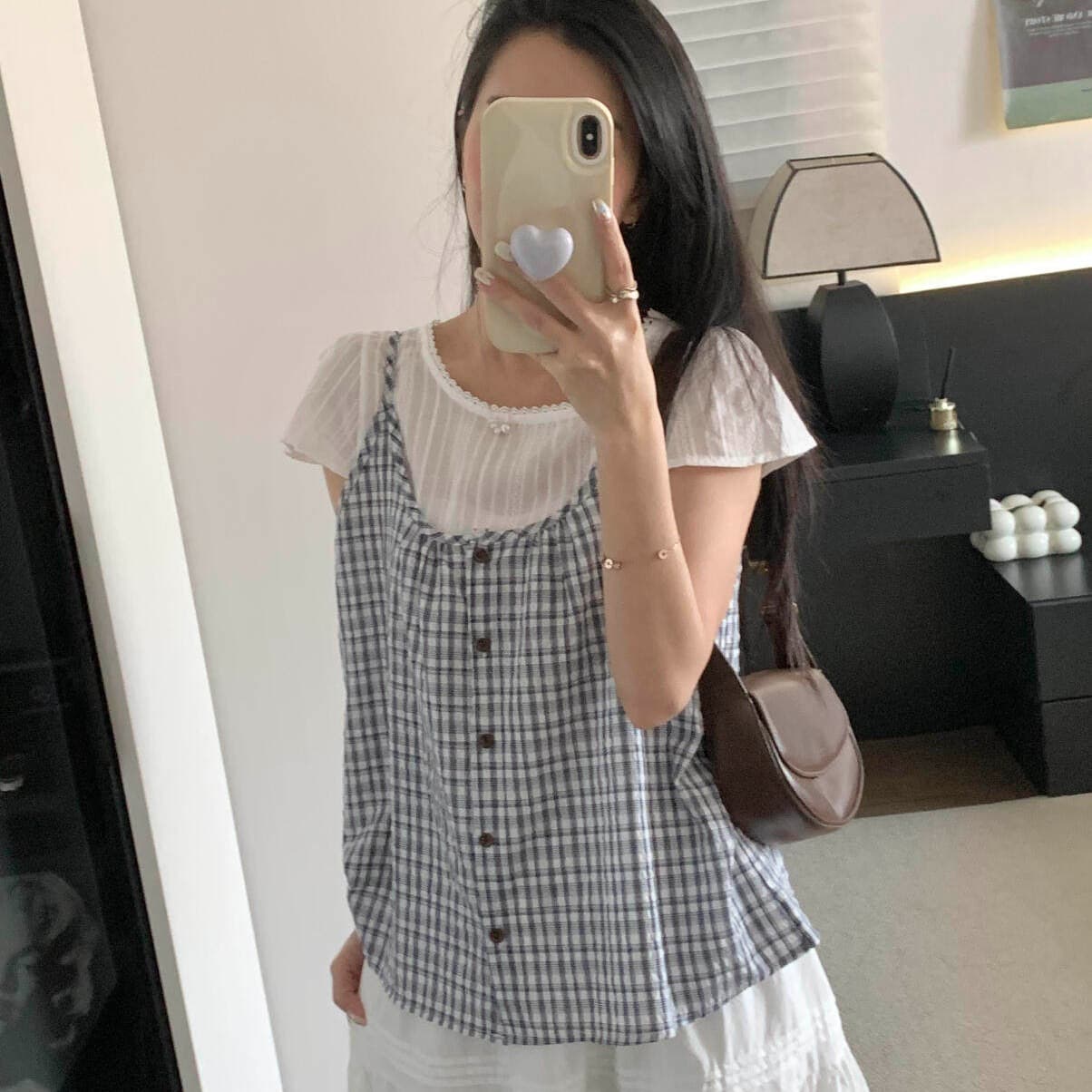 202 년 봄 여름 섹션 작은 청신 한 부서 체크무늬 조끼 면직물 맨위 페이크 레이어드 작은 셔츠 이미지 4