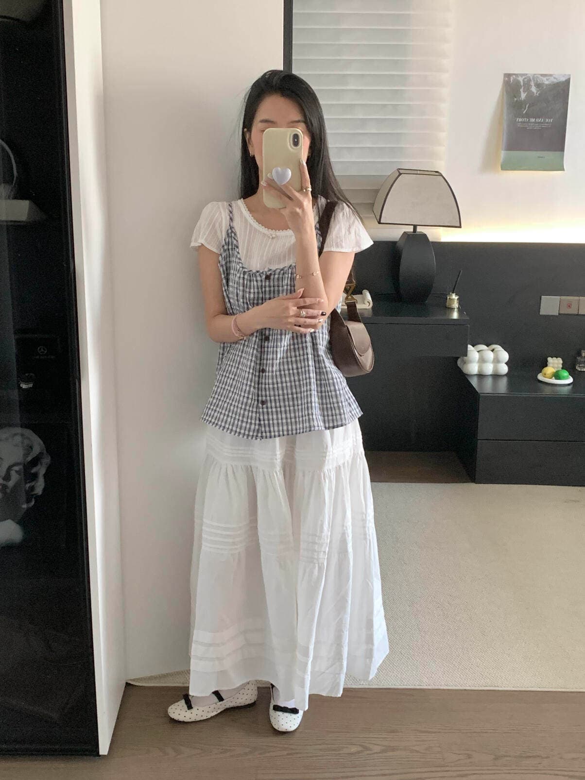 202 년 봄 여름 섹션 작은 청신 한 부서 체크무늬 조끼 면직물 맨위 페이크 레이어드 작은 셔츠 상세 이미지 8