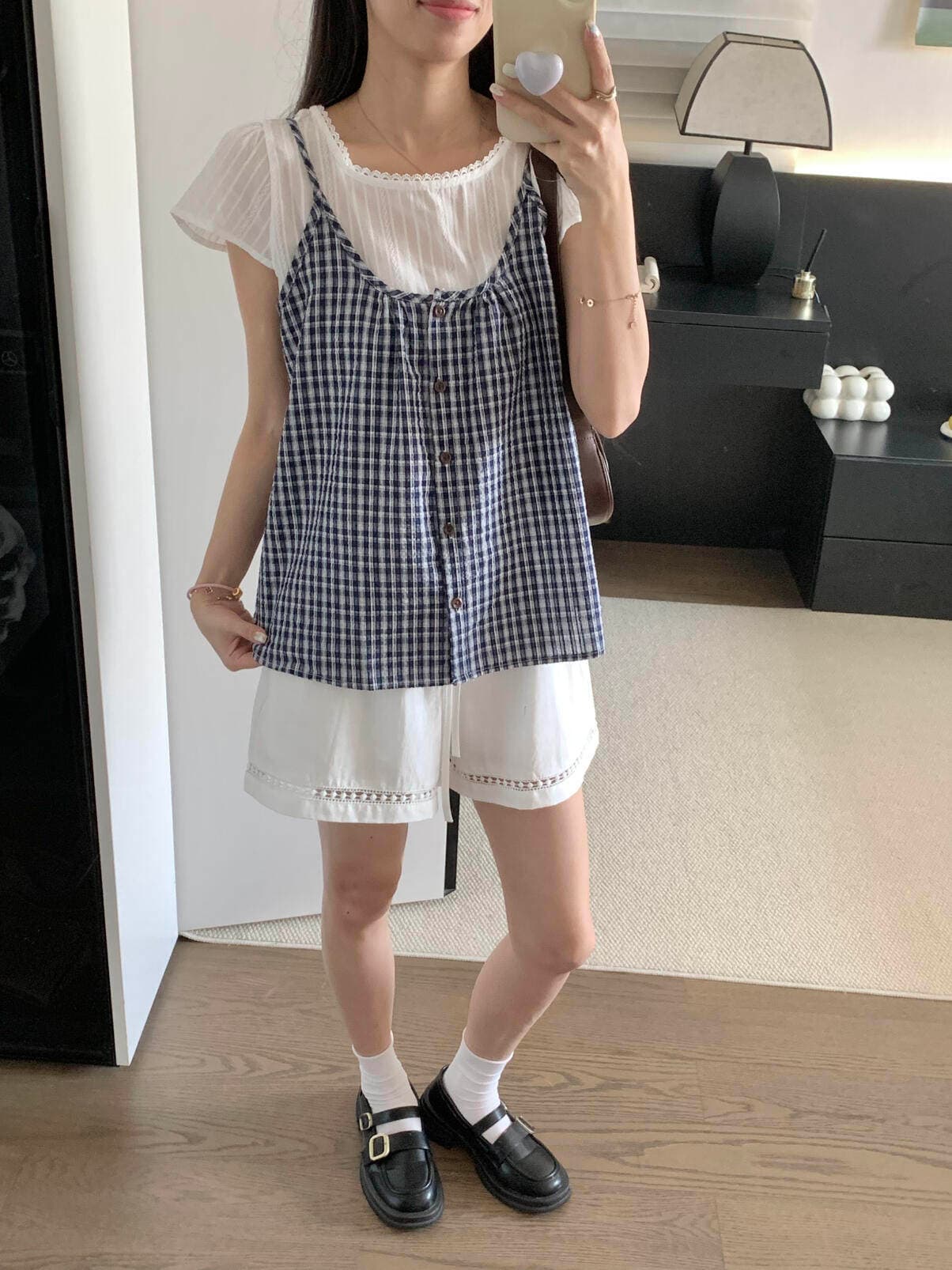 202 년 봄 여름 섹션 작은 청신 한 부서 체크무늬 조끼 면직물 맨위 페이크 레이어드 작은 셔츠 상세 이미지 10