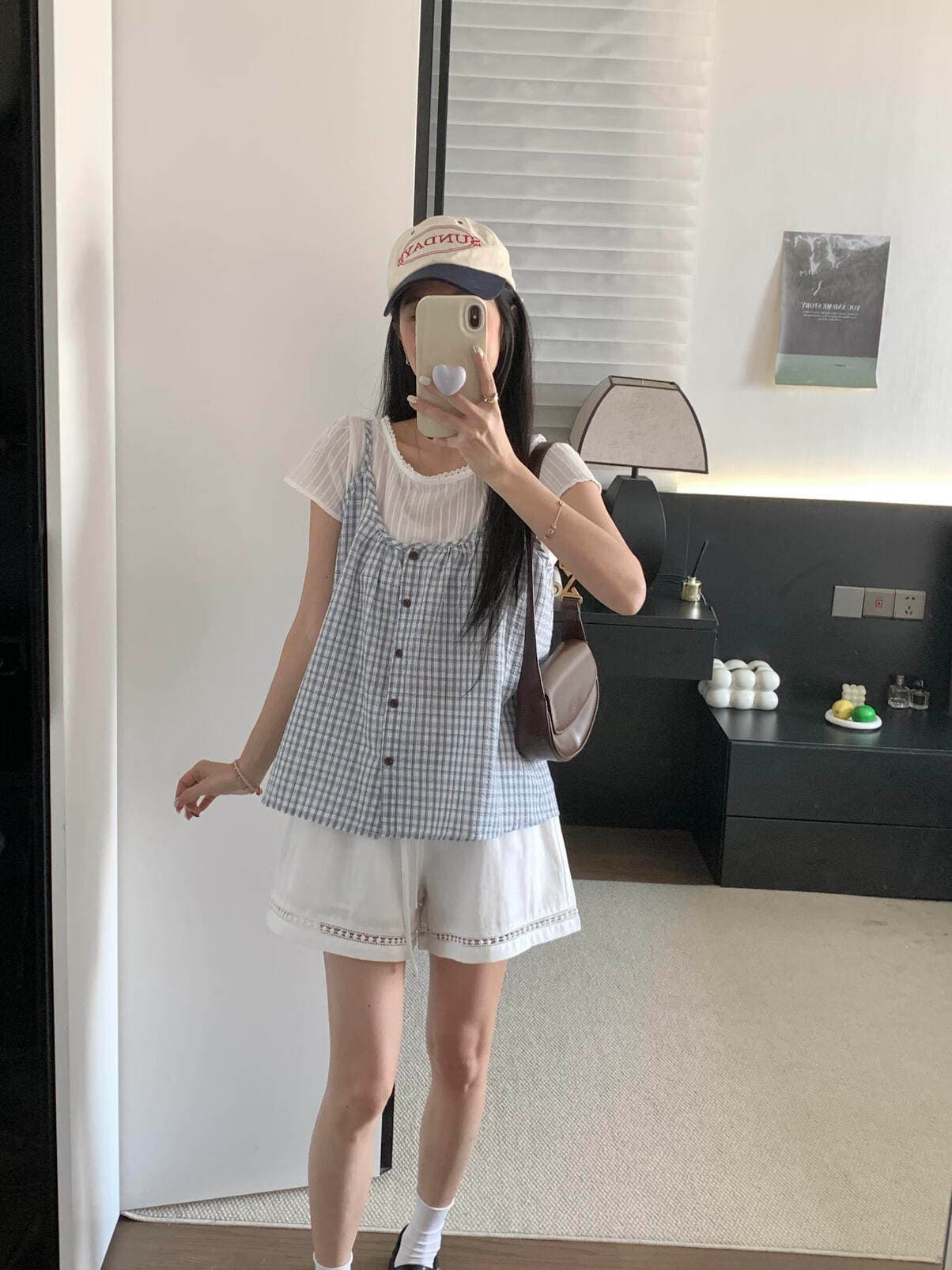 202 년 봄 여름 섹션 작은 청신 한 부서 체크무늬 조끼 면직물 맨위 페이크 레이어드 작은 셔츠 상세 이미지 11