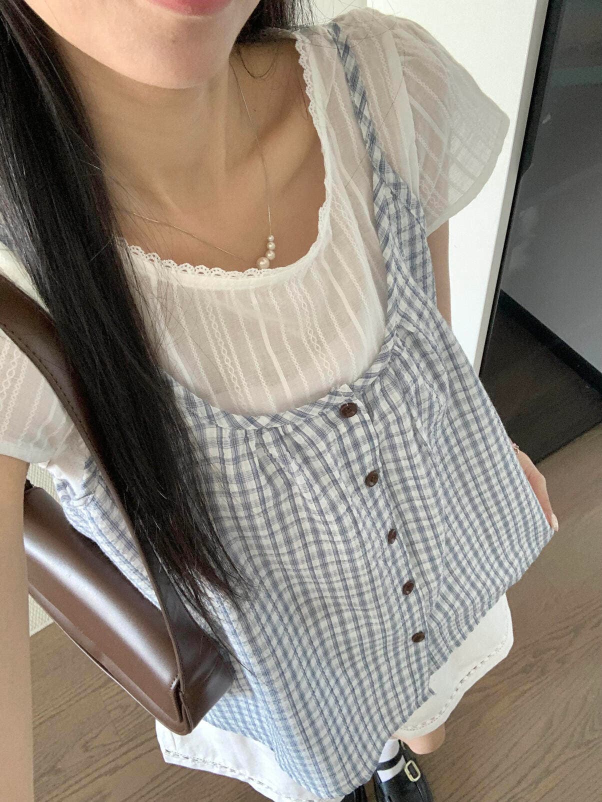 202 년 봄 여름 섹션 작은 청신 한 부서 체크무늬 조끼 면직물 맨위 페이크 레이어드 작은 셔츠 상세 이미지 15
