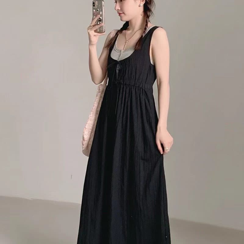 2026 그는 벤 바람 레이스업 조끼 여성 드레스 민소매 몸매 가꾸기 슬림해 보이는 품격 롱 스커트 휴가 바람 이미지 3