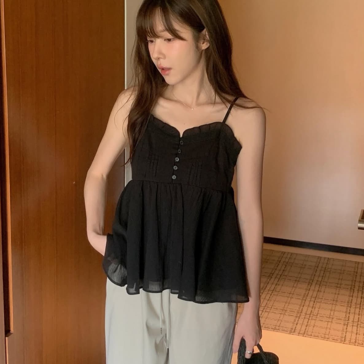 한 부서 달콤함 주름 레이스 하프 부서 버클 우아함 스택 착용 다용도 캐미솔 이미지 5