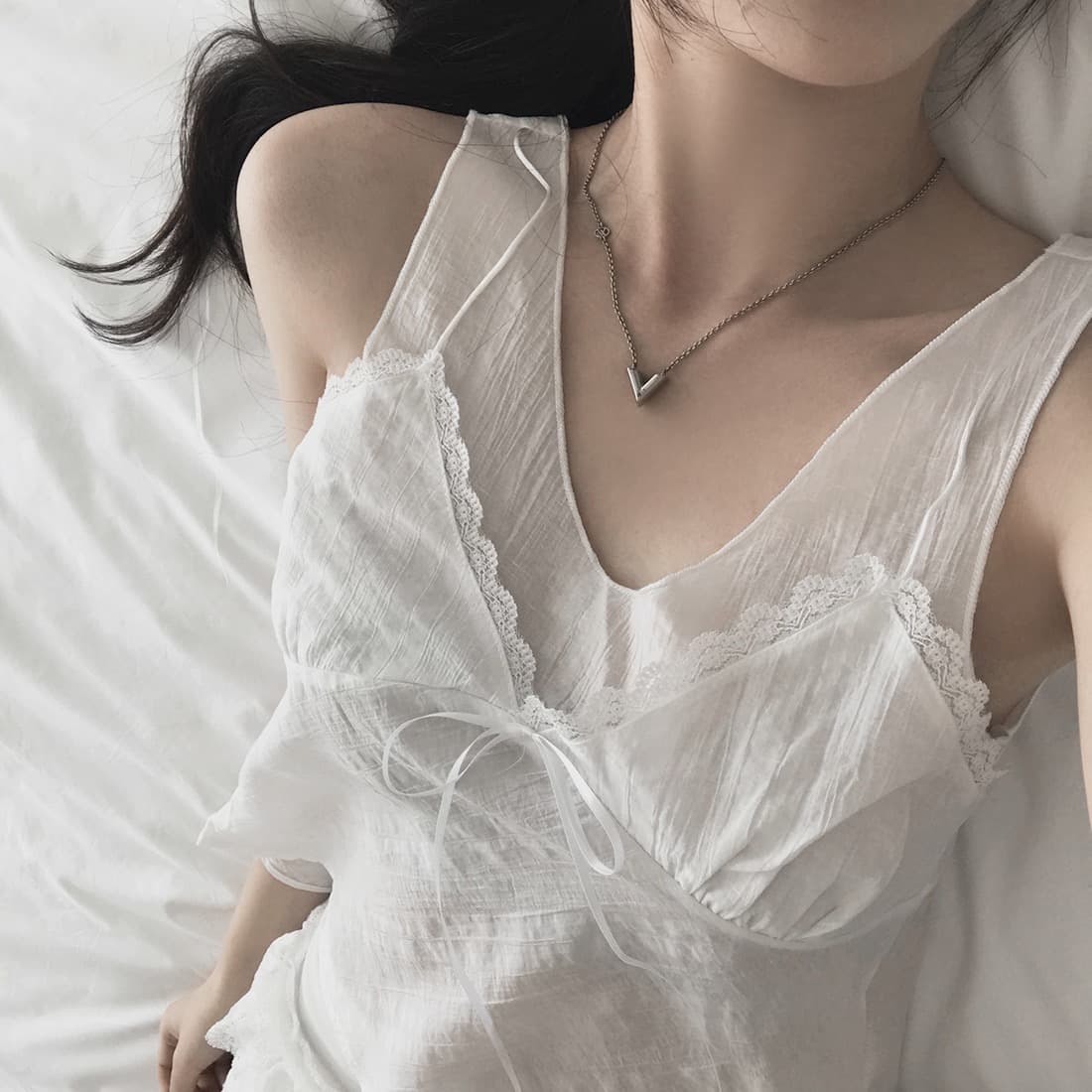 한국 쉬폰 품격 작은 대중 페이크 레이어드 디자인 연령 감소 빛 ~을 통해 레이스 레이스 레이스업 캐미솔 상세 이미지 1