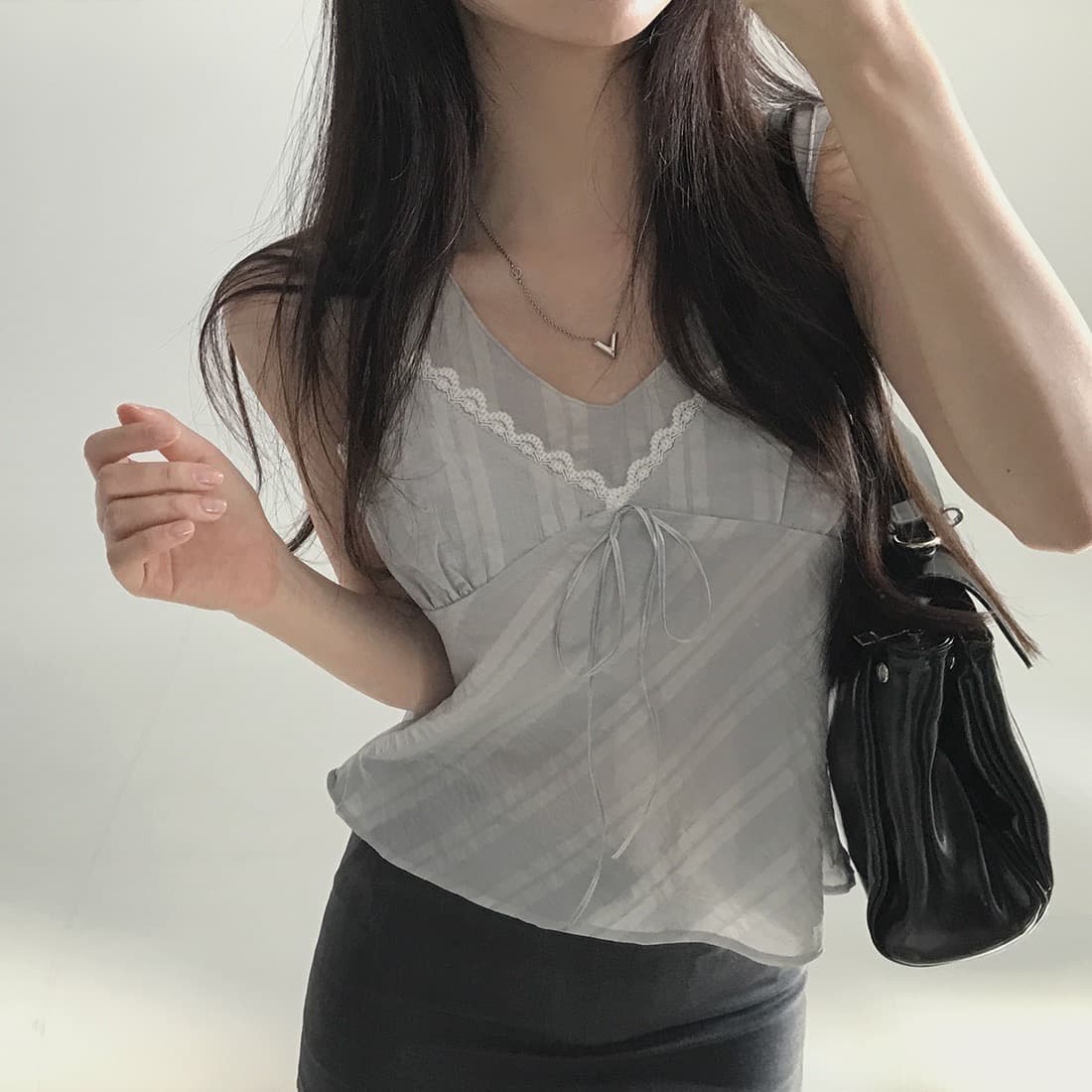 한국 쉬폰 품격 작은 대중 페이크 레이어드 디자인 연령 감소 빛 ~을 통해 레이스 레이스 레이스업 캐미솔 상세 이미지 4