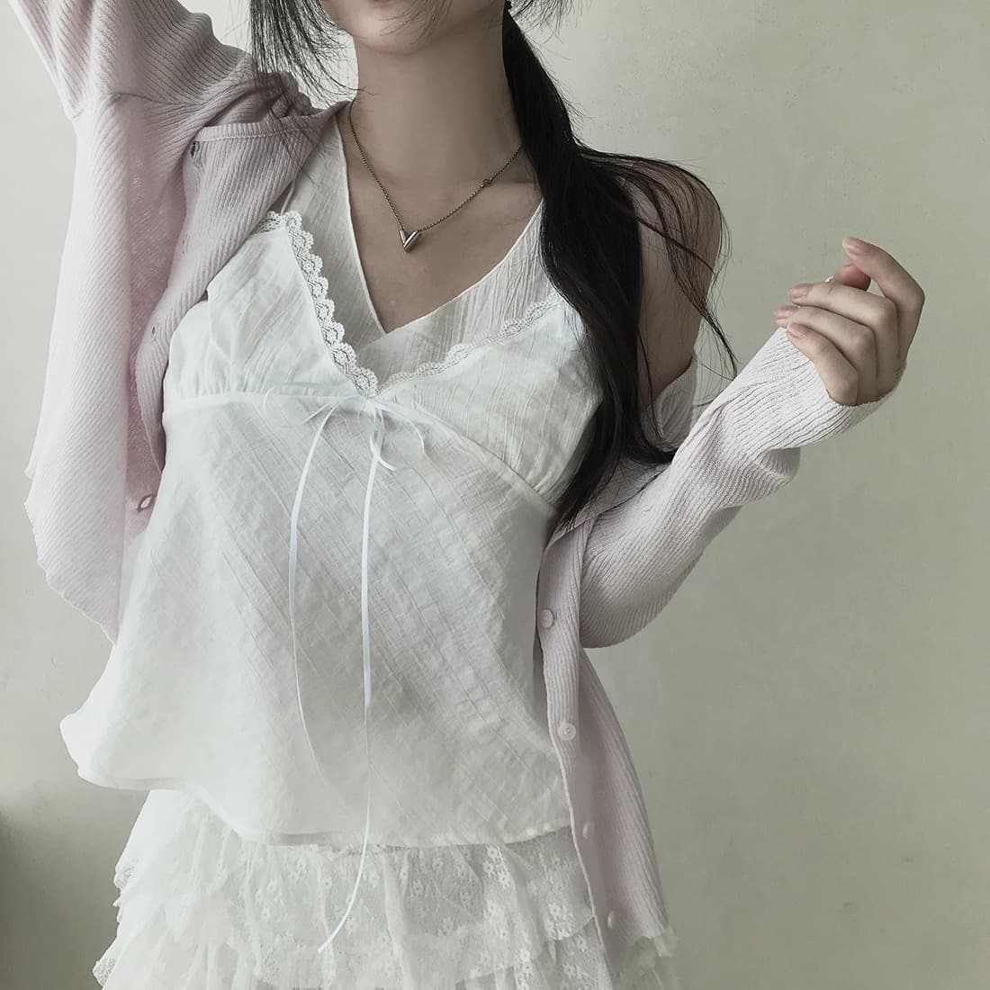한국 쉬폰 품격 작은 대중 페이크 레이어드 디자인 연령 감소 빛 ~을 통해 레이스 레이스 레이스업 캐미솔 상세 이미지 5