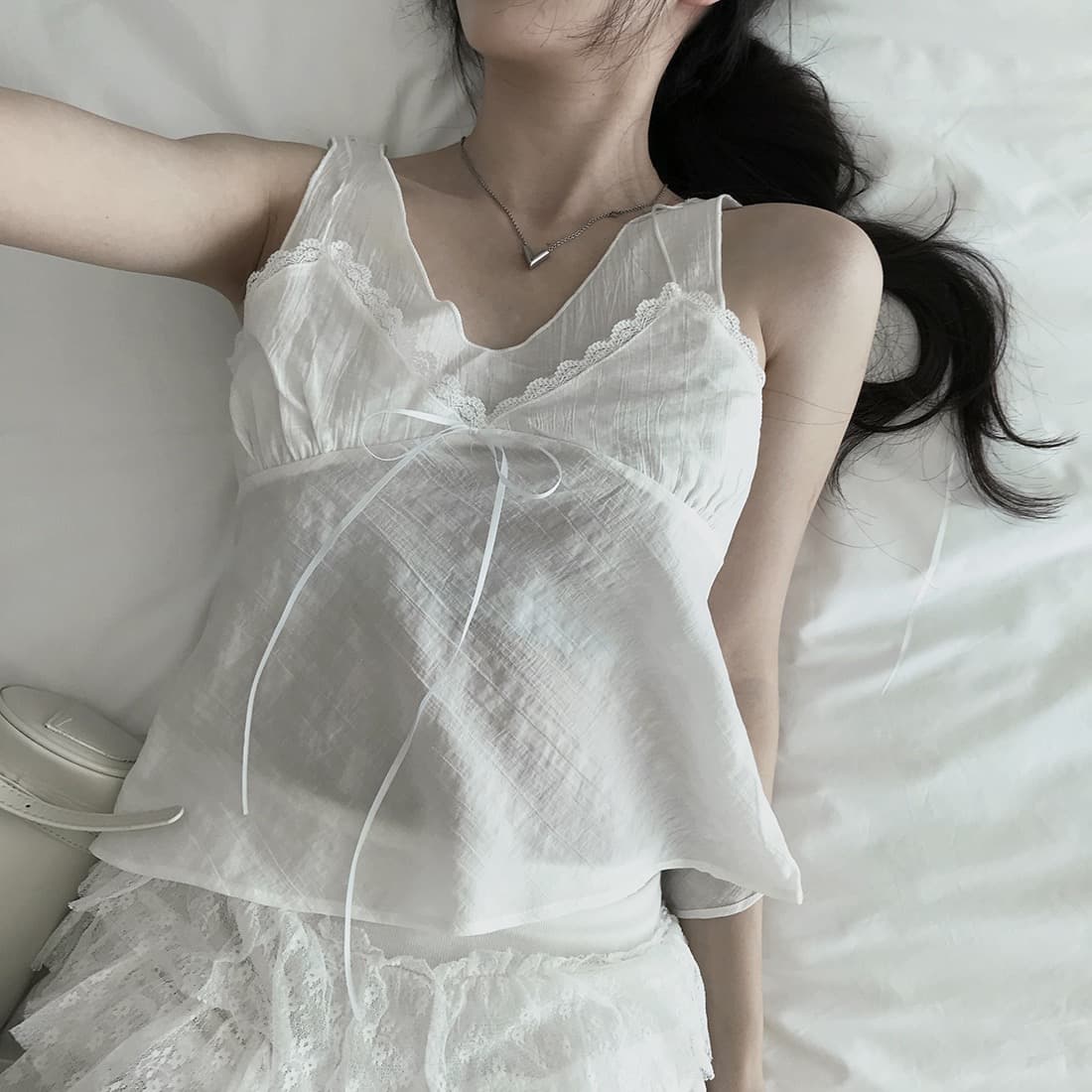 한국 쉬폰 품격 작은 대중 페이크 레이어드 디자인 연령 감소 빛 ~을 통해 레이스 레이스 레이스업 캐미솔 상세 이미지 7