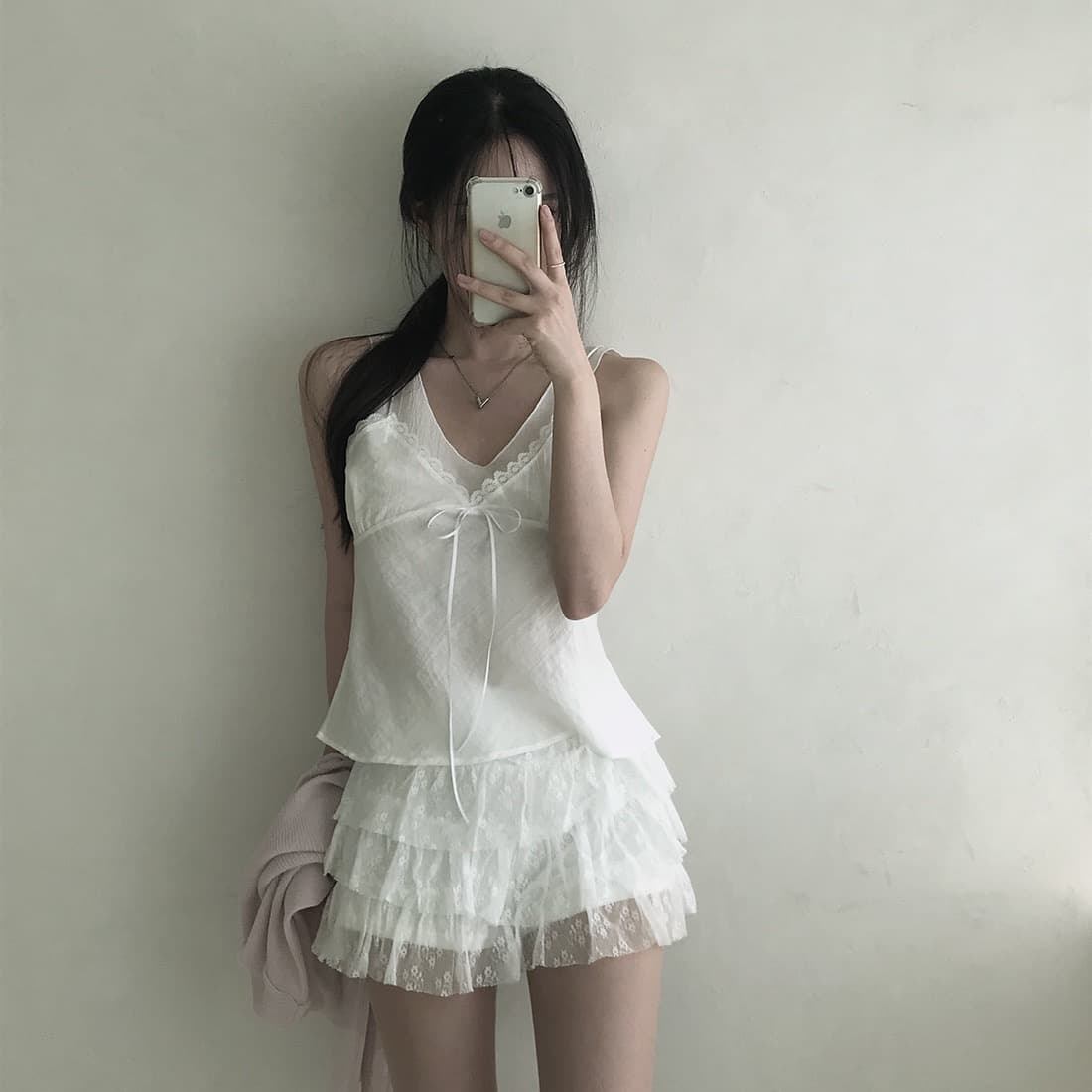한국 쉬폰 품격 작은 대중 페이크 레이어드 디자인 연령 감소 빛 ~을 통해 레이스 레이스 레이스업 캐미솔 상세 이미지 12