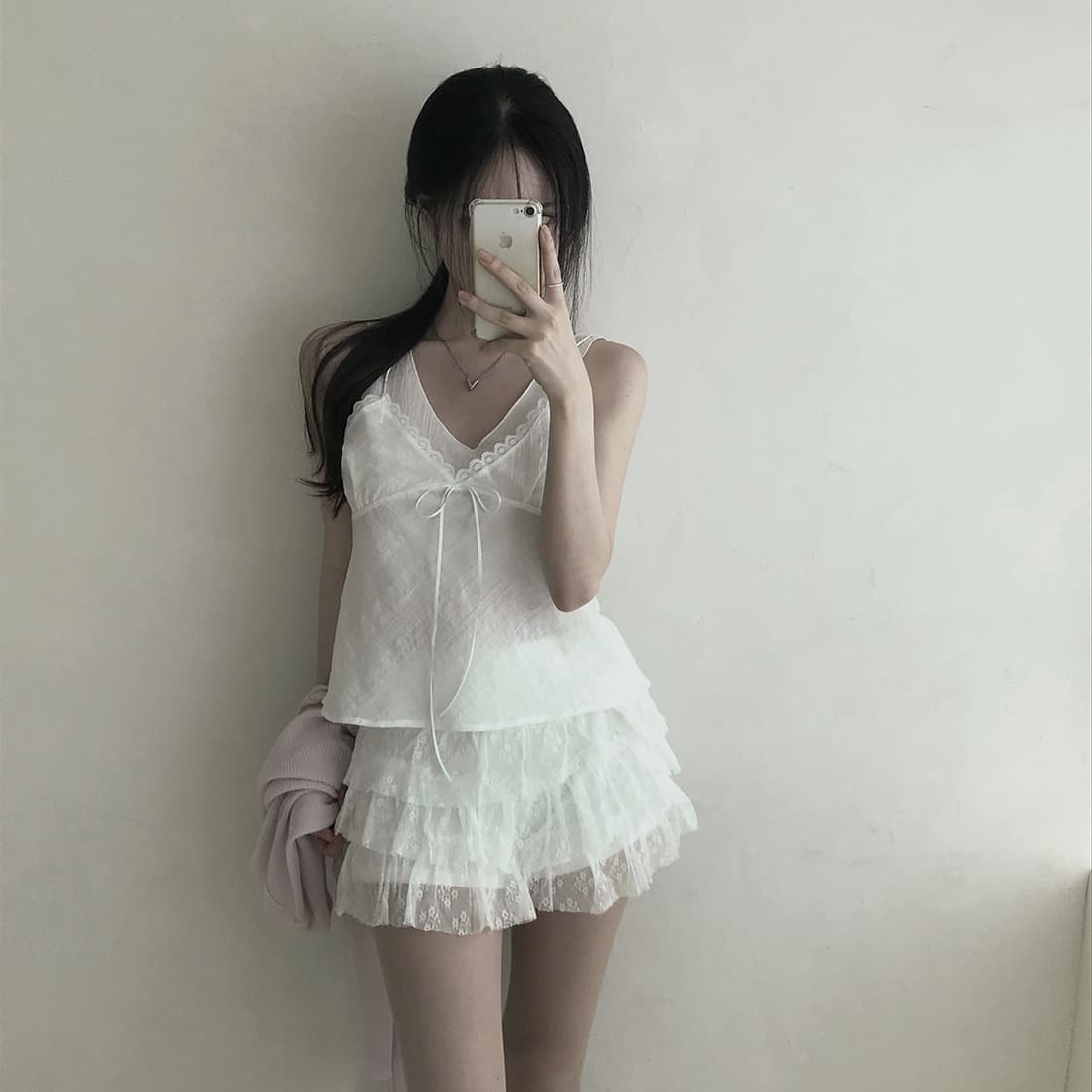 한국 쉬폰 품격 작은 대중 페이크 레이어드 디자인 연령 감소 빛 ~을 통해 레이스 레이스 레이스업 캐미솔 상세 이미지 13