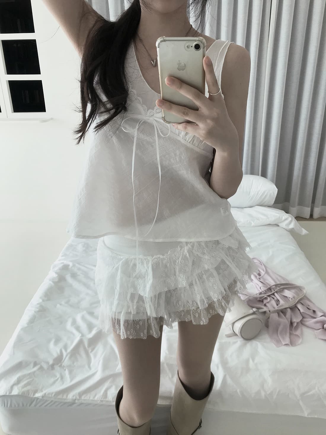 한국 쉬폰 품격 작은 대중 페이크 레이어드 디자인 연령 감소 빛 ~을 통해 레이스 레이스 레이스업 캐미솔 상세 이미지 15