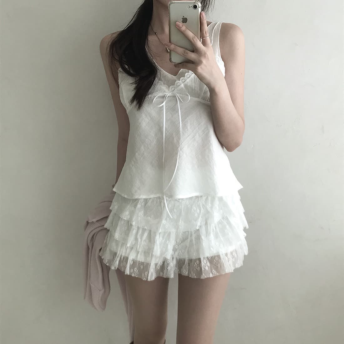 한국 쉬폰 품격 작은 대중 페이크 레이어드 디자인 연령 감소 빛 ~을 통해 레이스 레이스 레이스업 캐미솔 상세 이미지 16