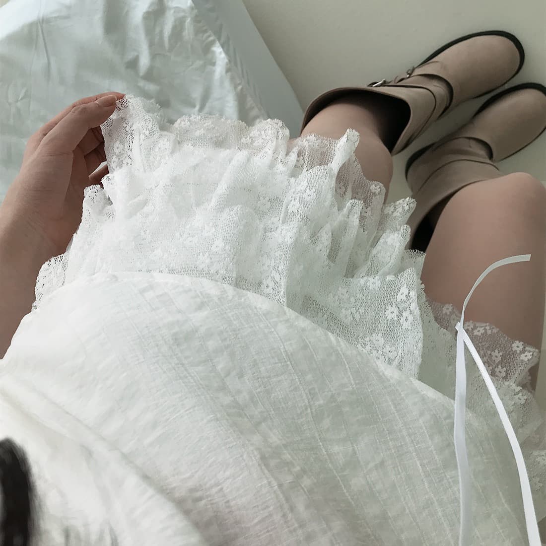 한국 쉬폰 품격 작은 대중 페이크 레이어드 디자인 연령 감소 빛 ~을 통해 레이스 레이스 레이스업 캐미솔 상세 이미지 17