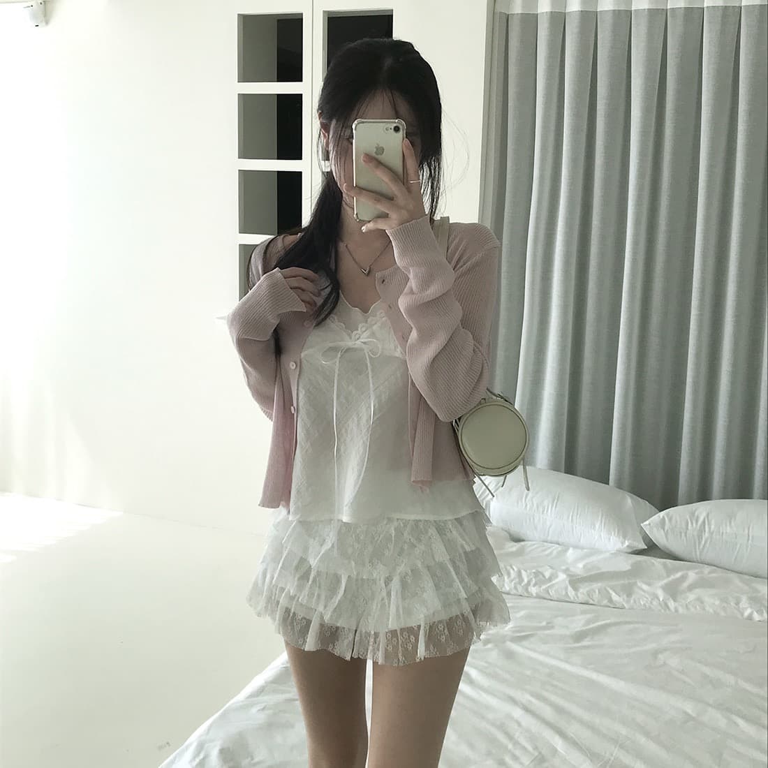 한국 쉬폰 품격 작은 대중 페이크 레이어드 디자인 연령 감소 빛 ~을 통해 레이스 레이스 레이스업 캐미솔 상세 이미지 20
