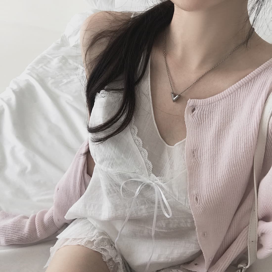 한국 쉬폰 품격 작은 대중 페이크 레이어드 디자인 연령 감소 빛 ~을 통해 레이스 레이스 레이스업 캐미솔 상세 이미지 21