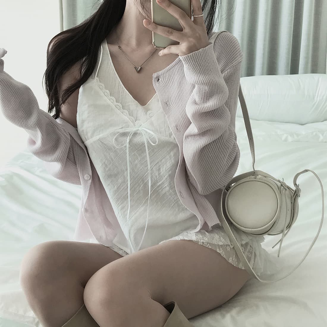한국 쉬폰 품격 작은 대중 페이크 레이어드 디자인 연령 감소 빛 ~을 통해 레이스 레이스 레이스업 캐미솔 상세 이미지 22