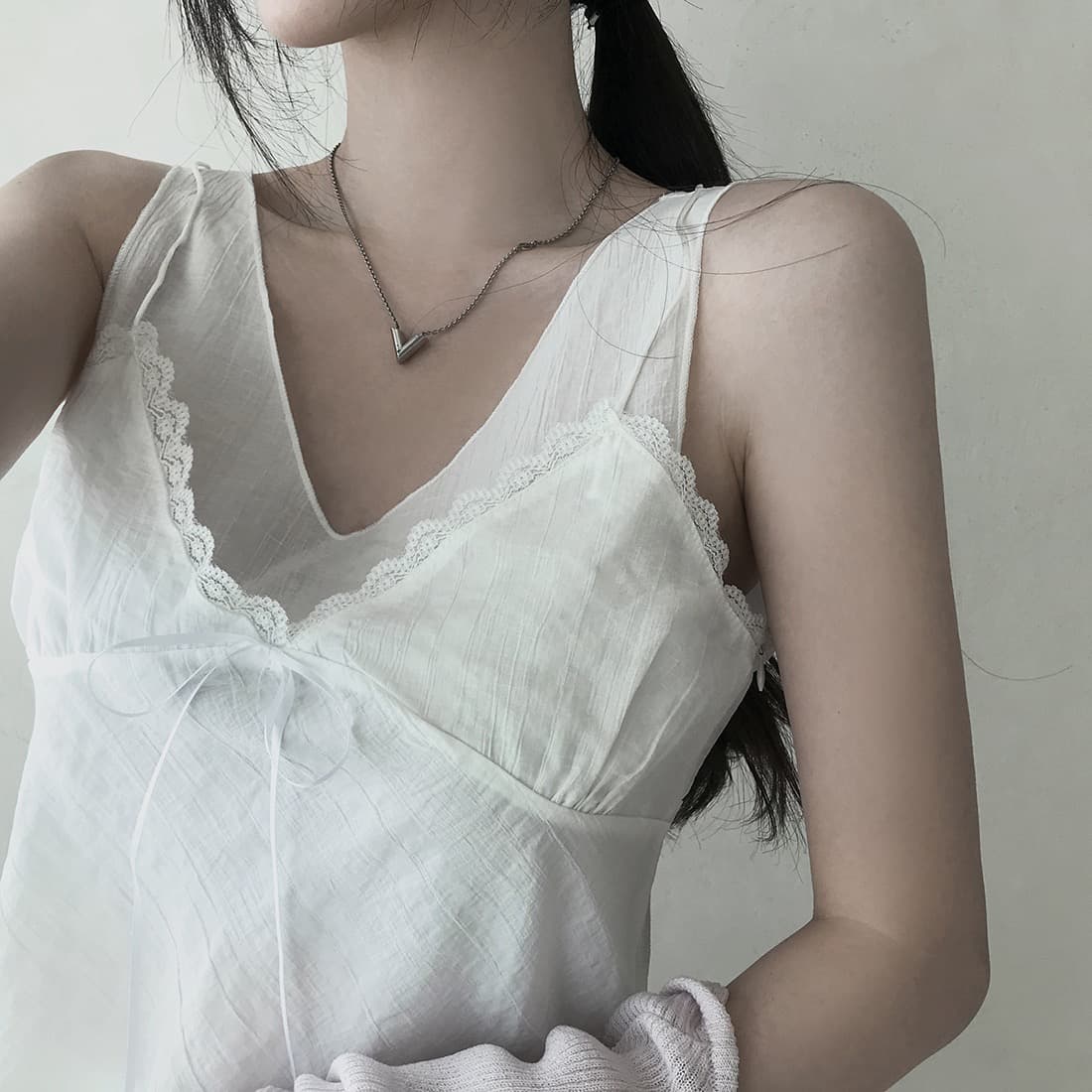 한국 쉬폰 품격 작은 대중 페이크 레이어드 디자인 연령 감소 빛 ~을 통해 레이스 레이스 레이스업 캐미솔 상세 이미지 25