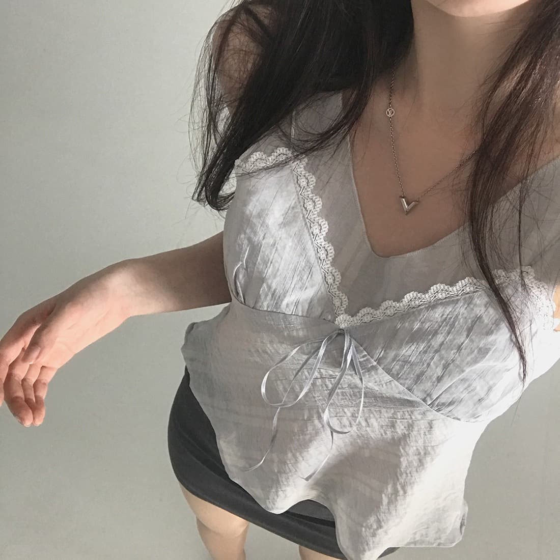 한국 쉬폰 품격 작은 대중 페이크 레이어드 디자인 연령 감소 빛 ~을 통해 레이스 레이스 레이스업 캐미솔 상세 이미지 26
