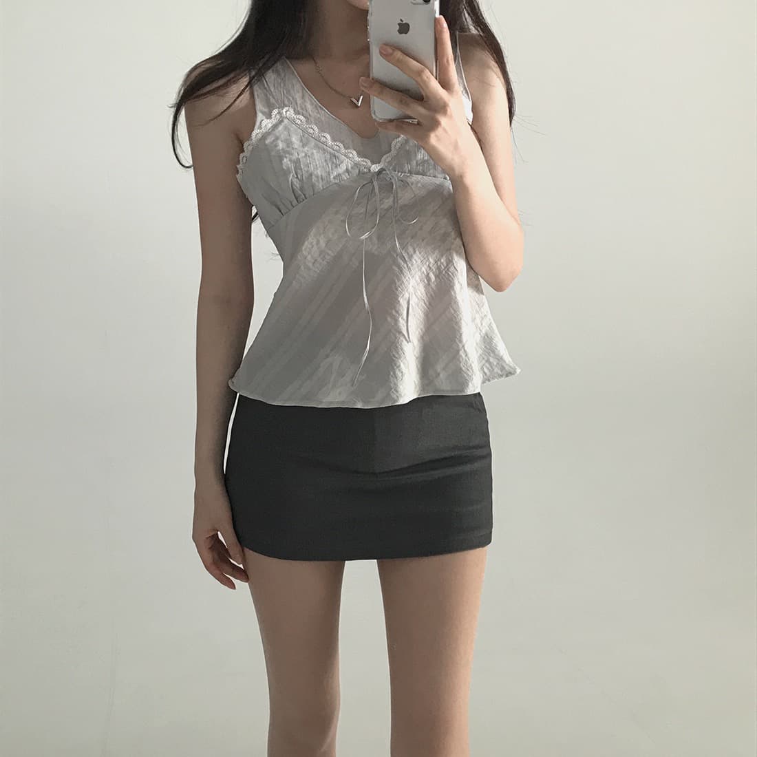 한국 쉬폰 품격 작은 대중 페이크 레이어드 디자인 연령 감소 빛 ~을 통해 레이스 레이스 레이스업 캐미솔 상세 이미지 27