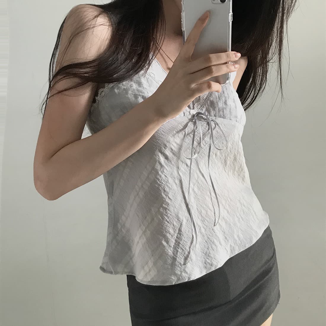한국 쉬폰 품격 작은 대중 페이크 레이어드 디자인 연령 감소 빛 ~을 통해 레이스 레이스 레이스업 캐미솔 상세 이미지 29