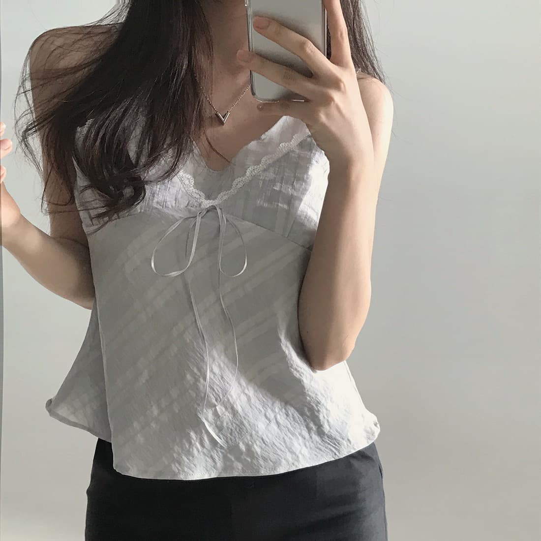 한국 쉬폰 품격 작은 대중 페이크 레이어드 디자인 연령 감소 빛 ~을 통해 레이스 레이스 레이스업 캐미솔 상세 이미지 31
