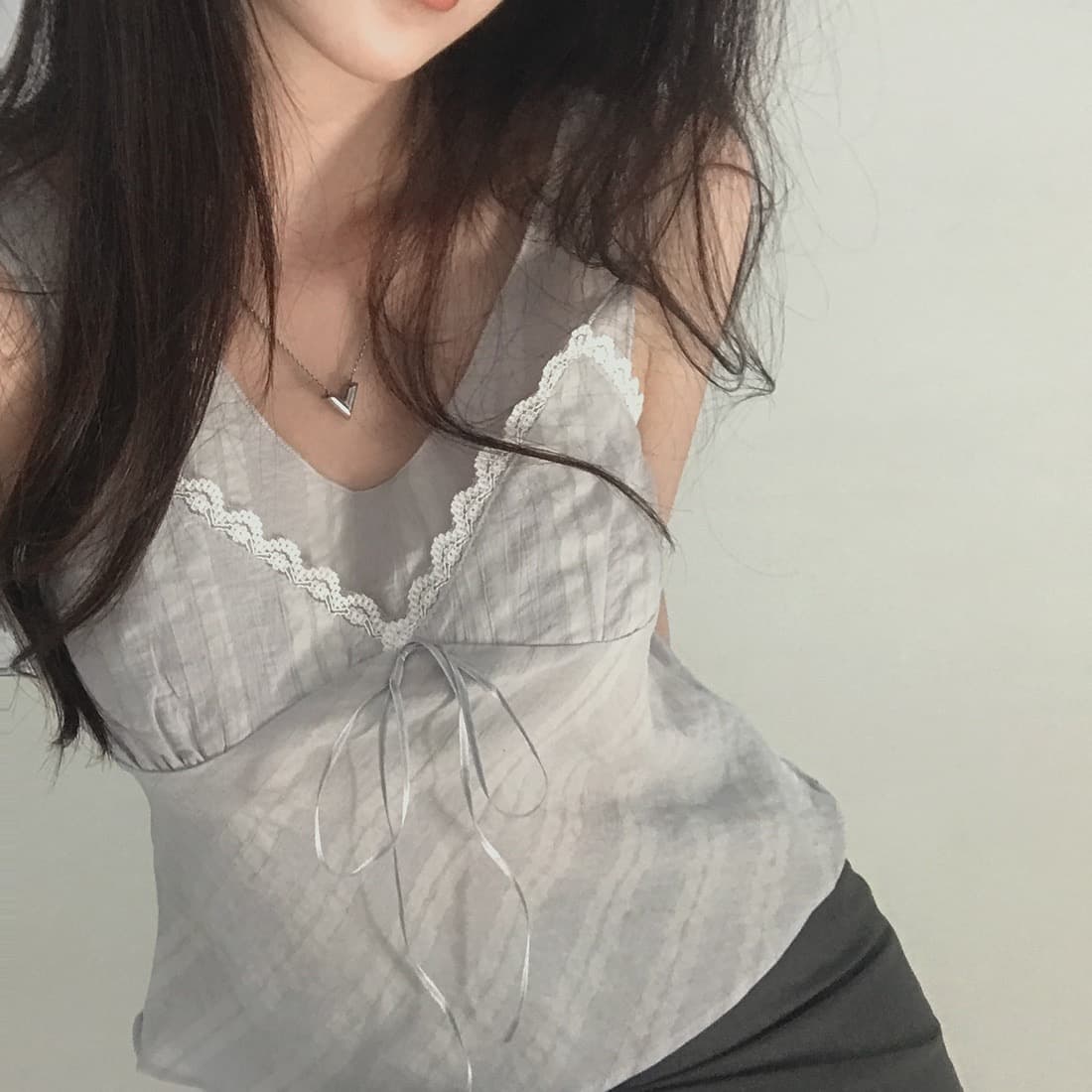 한국 쉬폰 품격 작은 대중 페이크 레이어드 디자인 연령 감소 빛 ~을 통해 레이스 레이스 레이스업 캐미솔 상세 이미지 32