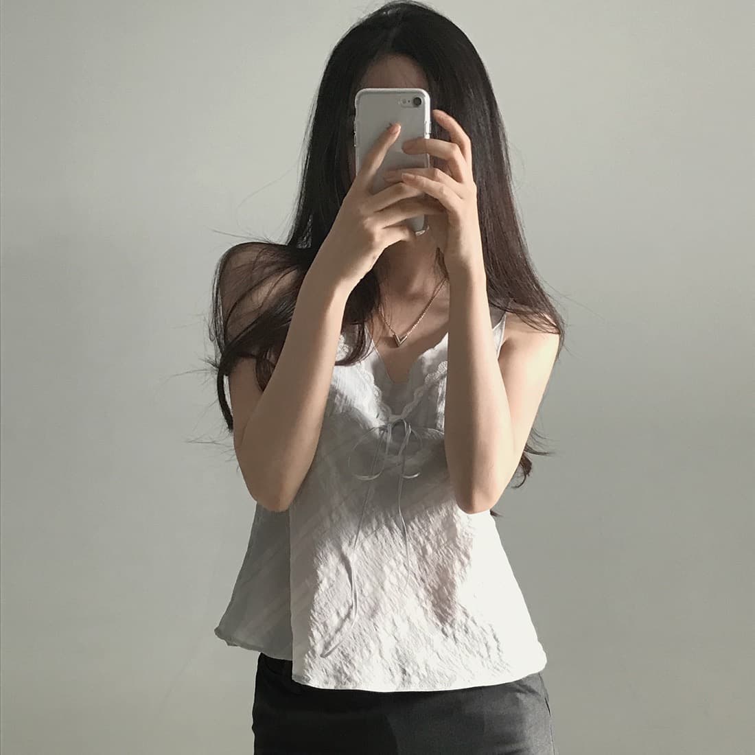 한국 쉬폰 품격 작은 대중 페이크 레이어드 디자인 연령 감소 빛 ~을 통해 레이스 레이스 레이스업 캐미솔 상세 이미지 33