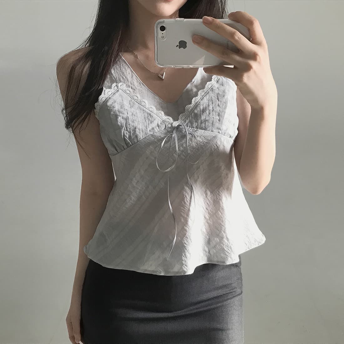 한국 쉬폰 품격 작은 대중 페이크 레이어드 디자인 연령 감소 빛 ~을 통해 레이스 레이스 레이스업 캐미솔 상세 이미지 34