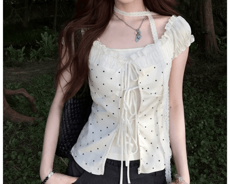 2026 여름 도트 무늬 프린트 거품 소매 여성 셔츠 패치워크 페이크 레이어드 셔츠 슬림해 보이는 스트랩 상세 이미지 5