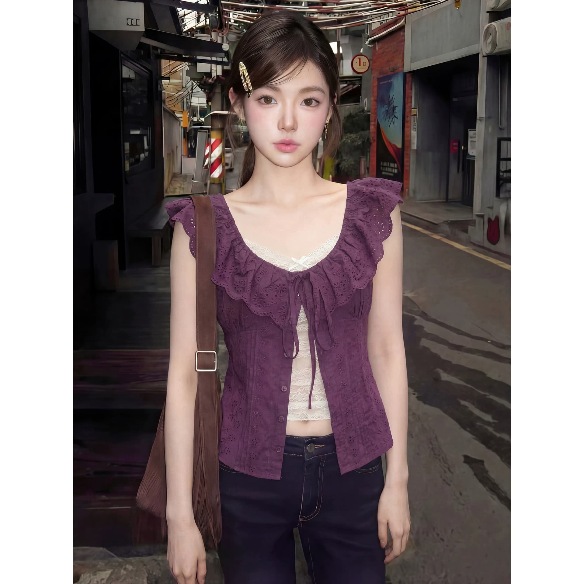 한 부서 프릴 레이스업 민소매 티셔츠 여성 여름 홀로우 아웃 레이스 몸매 가꾸기 허리 수축 품격 맨위 이미지 5