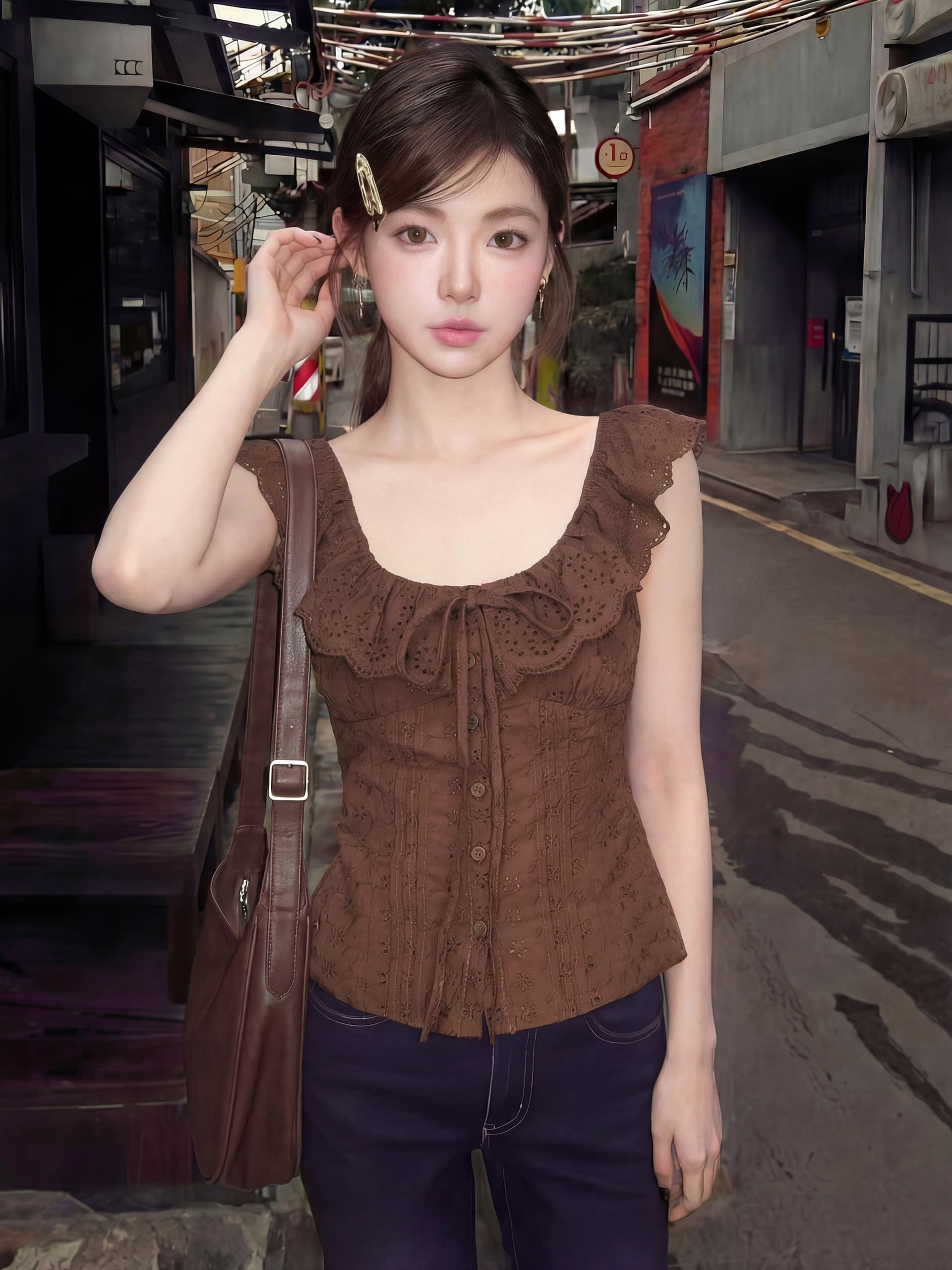 한 부서 프릴 레이스업 민소매 티셔츠 여성 여름 홀로우 아웃 레이스 몸매 가꾸기 허리 수축 품격 맨위 상세 이미지 6