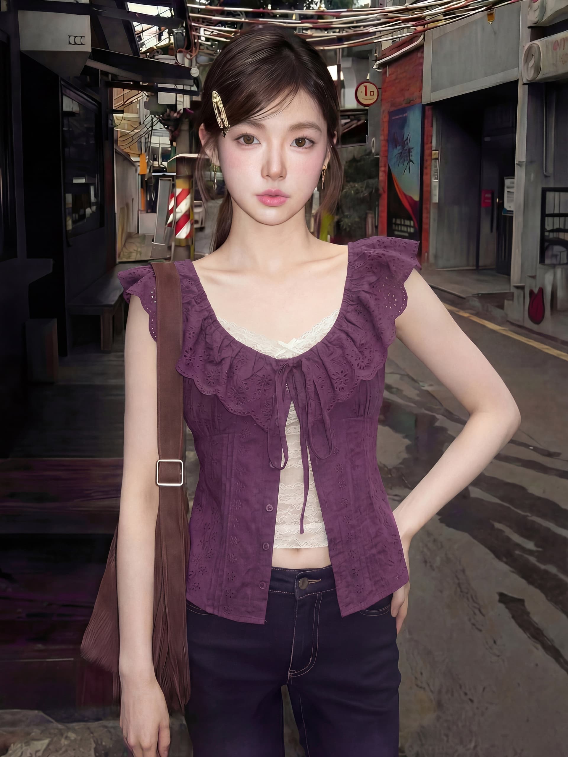 한 부서 프릴 레이스업 민소매 티셔츠 여성 여름 홀로우 아웃 레이스 몸매 가꾸기 허리 수축 품격 맨위 상세 이미지 10